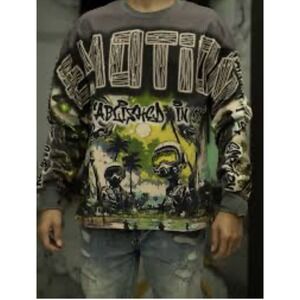 Mixed Emotion Gray UFO Graffiti Long Sleeve Cotton Shirt Streetwear Mens M